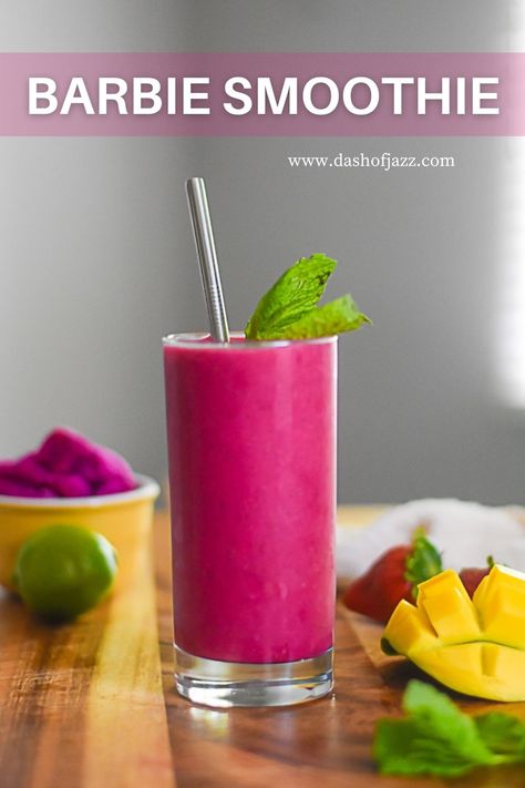 Start your day with this naturally-sweet pink pitaya smoothie, made with red dragon fruit and fresh superfood ingredients for healthy, flavorful refreshment. Get this refreshing dragon fruit smoothie recipe from Dash of Jazz! #dashofjazzblog #dragonfruitsmoothierecipe #pinksmoothieaesthetic #pinkflamingosmoothie #barbiesmoothie Fresh, Fruit, Pink, Smoothies, Jazz, Fruit Smoothie Recipes Healthy, Superfood Smoothie, Superfood Smoothie Ingredients, Hot Pink Smoothie Recipe