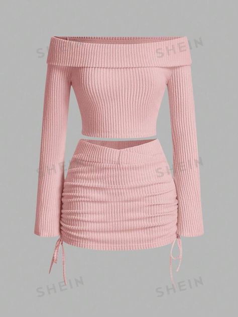 SHEIN EZwear Knitted Ribbed Off-Shoulder Top And Skirt Set, Casual Style | SHEIN USA Casual, Outfits, Really Cute Outfits, Cute Outfits, Clothes For Women, Two Piece Outfit, Cute Dresses, Modest Girly Outfits, Indie Outfit Inspo