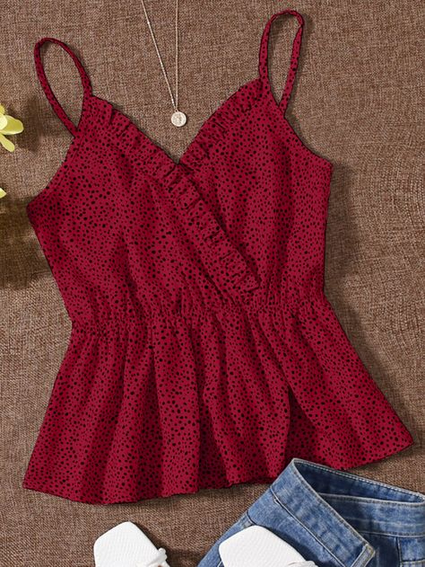 Burgundy Cute   Polyester All Over Print Cami Embellished Non-Stretch Summer Women Tops, Blouses & Tee Tops, Clothes, Couture, Cami Tops, Tops Designs, Top Outfits, Moda, Top, Trendy Tops