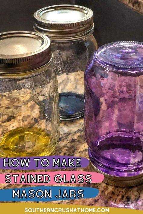 mason jars Best Paint For Glass, Stained Glass Diy Tutorials, Staining Mason Jars, Painted Mason Jars Diy, Spray Painting Glass, Tinting Glass, Glass Jars Diy, Tinted Mason Jars, Painting Glass Jars