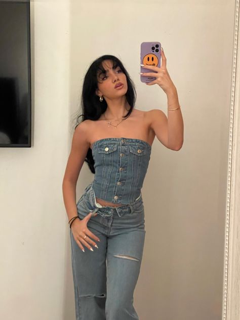 Denim on denim Jeans, Summer Outfits, Outfits, Denim Top Outfit, Denim Top, Denim Tube Top, Denim Outfit For Women, Tube Top Outfits, All Denim Outfits