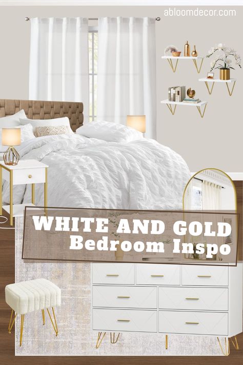 white and gold bedroom inspo featuring white bedding, a white and gold dresser and nightstand, gold table lamps, and more white and gold bedroom accents.