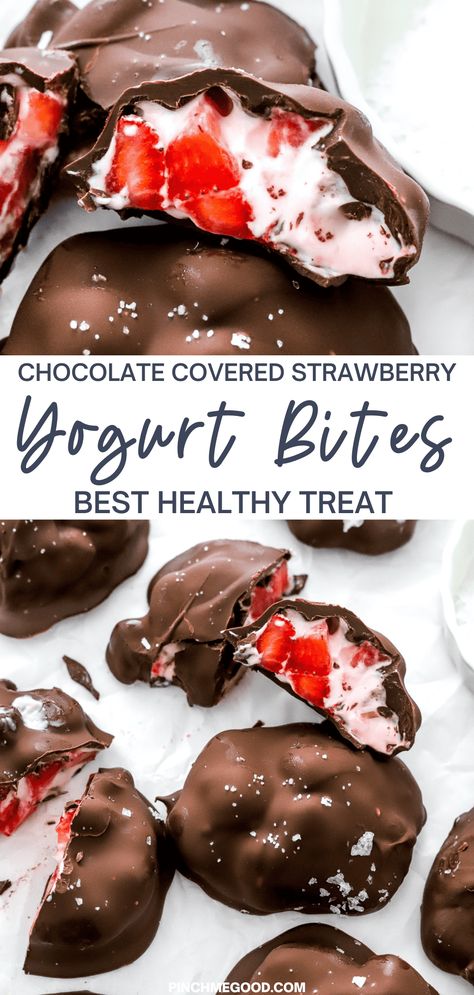 Indulge in these heavenly Chocolate Covered Strawberry Yogurt Bites! Made with fresh strawberries, creamy strawberry Greek yogurt, and dipped in rich chocolate, they're a guilt-free treat perfect for satisfying your sweet cravings. The perfect healthy summer treat! Healthy Dessert Recipes, Snacks, Healthy Sweets, Fruit, Dessert, Yogurt Bites, Healthy Sweets Recipes, Frozen Yogurt Bites, Homemade Snacks