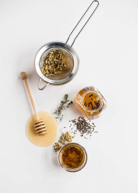 Flatlay Inspiration · via Custom Scene Tea and honey with natural ingredients scattered around. Food Styling, Smoothies, Herbs, Herb Infused Honey, Herbs & Spices, Homemade Scrub, Infused, Natural Ingredients, Honey Recipes