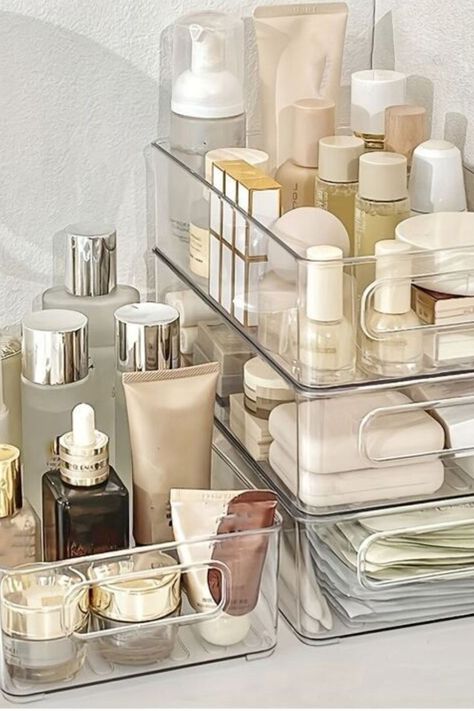 Transparent Desktop Cosmetic Storage Box For Vanity Organizer Dressing Table, Storage Ideas, Cosmetic Storage, Skincare Packaging, Cosmetics, Skincare Products Photography, Skin Care Order, Korean Skincare Routine, Skincare Products