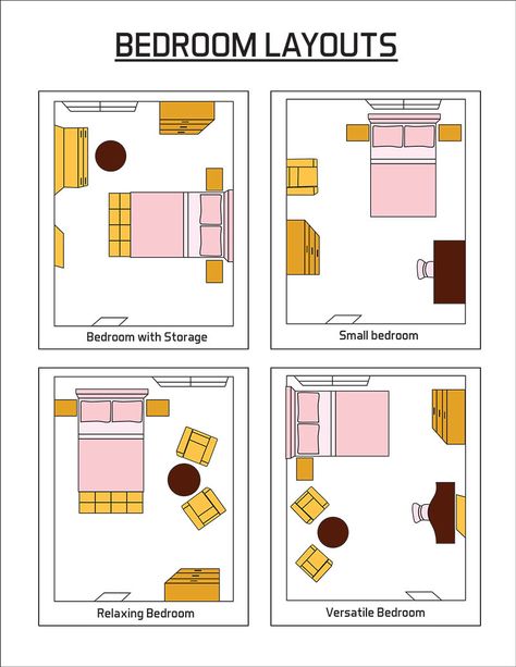 Let's take a look at some of the most popular bedroom layout ideas. Space planning is the first priority of professional designers. The $500 ultra-luxe duvet will not matter if your space is poorly planned. The layout, or space planning, of your bedroom is the most important aspect of your... Bilik Perempuan, Bedroom Layout Design, Kad Nama, Small Bedroom Layout, Bilik Idaman, Hiasan Bilik Tidur, Bedroom Arrangement, Pelan Rumah, Bedroom Furniture Layout