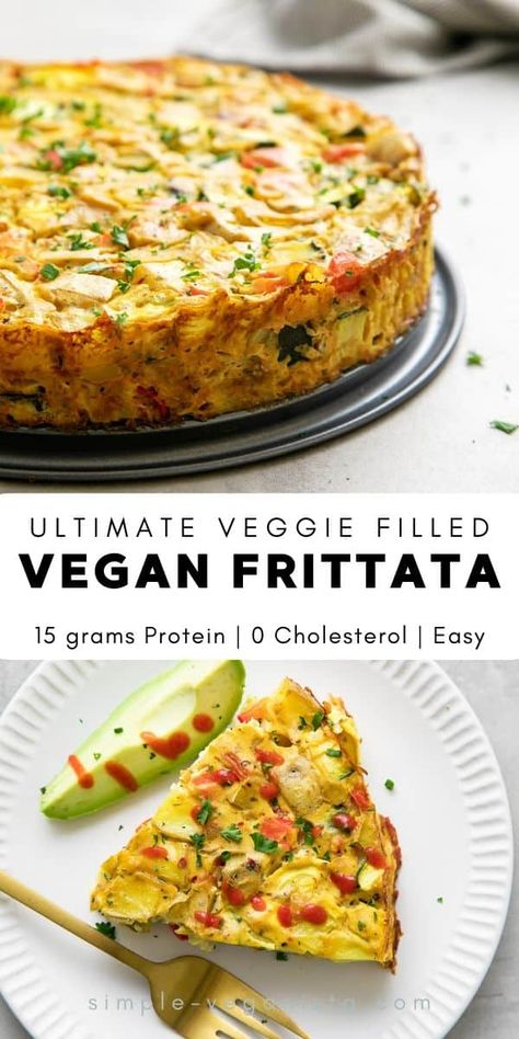 This vegan vegetable frittata recipe uses a creamy tofu base and is loaded with an assortment of veggies, such as potatoes, onions, bell peppers, zucchini and garlic. It's perfect for a hearty breakfast or brunch, and leftovers store well. #veganrecipes #healthyrecipes #frittata #vegan #plantbased