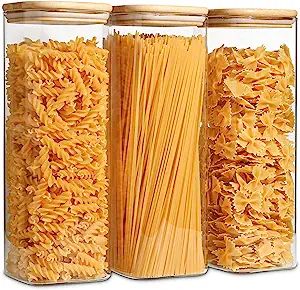 ComSaf Glass Spaghetti Pasta Storage Containers with Lids 71oz Set of 3, Tall Clear Airtight Food Storage Jar with Bamboo Lid for Noodles Flour Cereal Sugar Beans, Sqaure Spaghetti Pantry Container Food Storage, Pasta, Glass Food Storage Jars, Glass Food Storage Containers, Glass Food Storage, Pantry Jars, Glass Storage Jars, Glass Storage Containers, Food Storage Containers