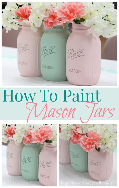 How To Paint Mason Jars - Love of Family & Home Mason Jars, Diy, Painted Mason Jars, Life Hacks, Pastel, Mason Jar Crafts, Home Décor, Jar Diy, Mason Jar Diy