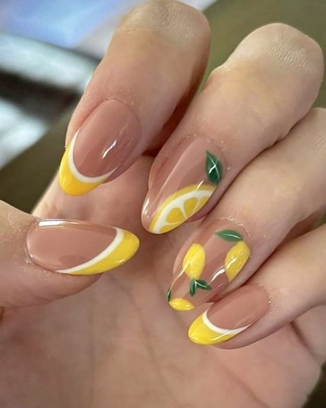 Bethany (Bee 🐝) | Luxury Press On Nail Artist on Instagram: "Love to see Ellen loving her latest set !! And they’re giving off summer vibes already!  🍋Who is on board with the lemon trend this season?  These are just SO cute 🤩   Short Round Après nails and that perfect glossy shine - you already know it’s @by.chloenails glossy top coat  #lemons #lemonnails #citrus #citrusnails #lemonnailart #fruitnails #fruitnailart #lemonnails🍋 #shortnails #frenchtips #doublefrench #yellownails #shortnailart #yellownailart #nails #pressons #presson #pressonnails #pressonnailsforsale #nailsnailsnails #nailsofinstagram #nailart #spring #springnails #springnailart #springnaildesign #seasonalnails #beeimpressednails #tpa #thepressoncollective" Acrylic Nail Designs, Instagram, Top Coat, Spring Nail Art, Nail Designs Spring, Fruit Nail Designs, Seasonal Nails, Cute Acrylic Nails, Cute Acrylic Nail Designs
