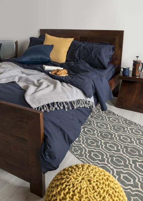 Mix and match 100% Egyptian cotton navy blue bed sheets with mustard yellow accessories Bedroom, Couple Bedroom, Trendy Bedroom, Perfect Bedroom, Bedroom Design, Yellow Bedroom, Grey Bedroom, Bedroom Interior, Gray Bedroom