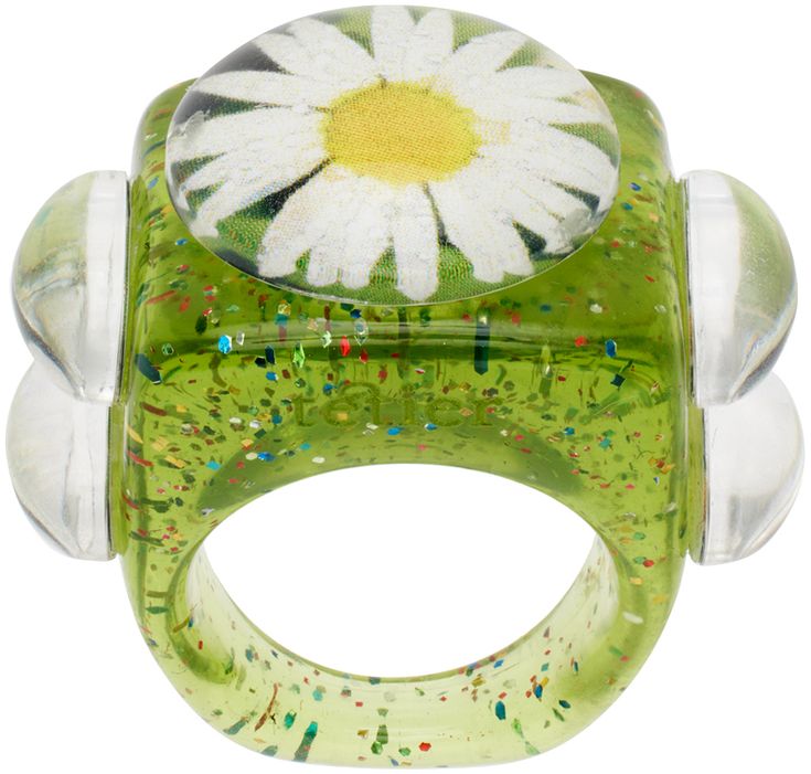 Handcrafted signet ring in green resin. Glittered detailing throughout. · Floral accent at face and sides · Logo embossed at side Available exclusively at SSENSE. Part of the La Manso x Tetier Bijoux collaboration. Each item is unique. Please note that coloration may vary. Supplier color: Green base/Daisy Floral, Jewellery Rings, Bijoux, Jewellery, Accessories, Jewelry, Fashion Jewelry, Jewelry Rings, Daisy Brand