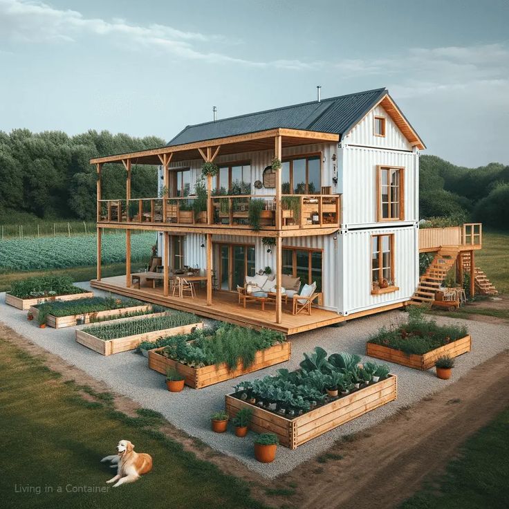 an artist's rendering of a house in the middle of a field with vegetables