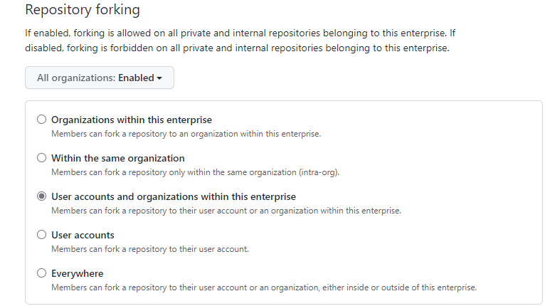 Image of enterprise settings for controlling where repositories can be forked