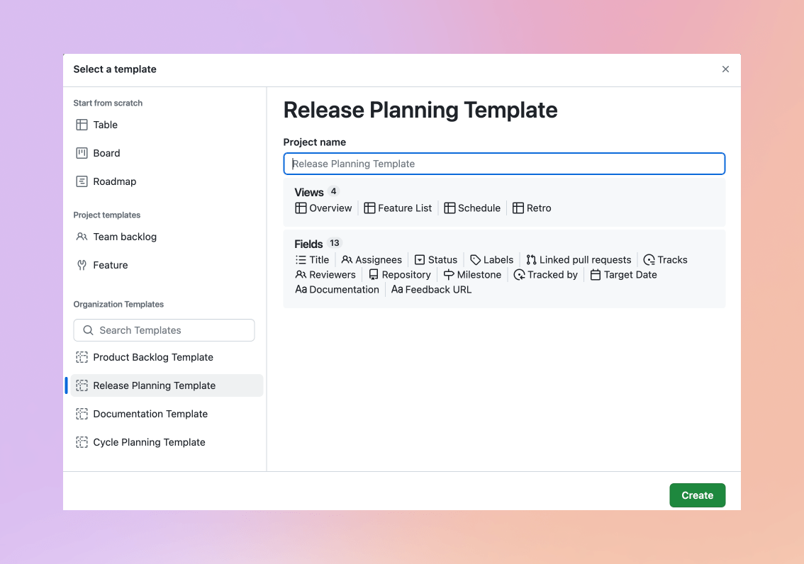 image shows a number of project template options when starting a new project