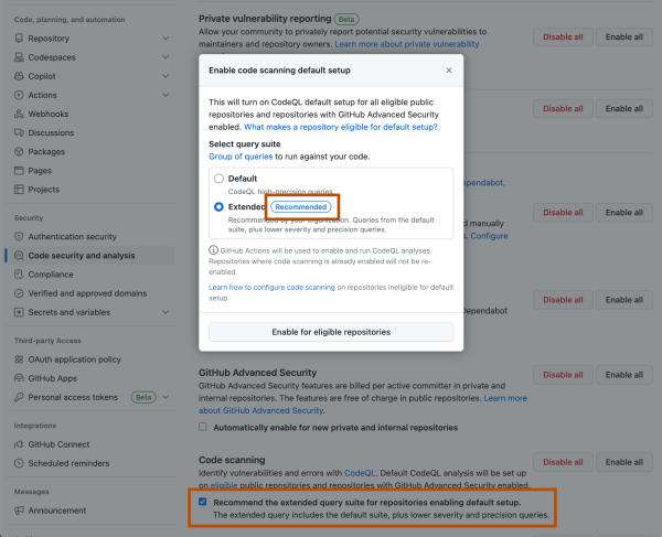 The recommended setting for code scanning query suites and the resulting recommended tag on the organization settings page