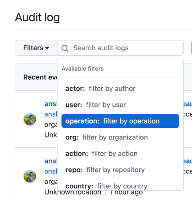 key-value pair dropdown menu available in audit log search