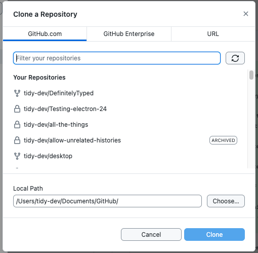 Clone dialog with one repo having the Archive tag added