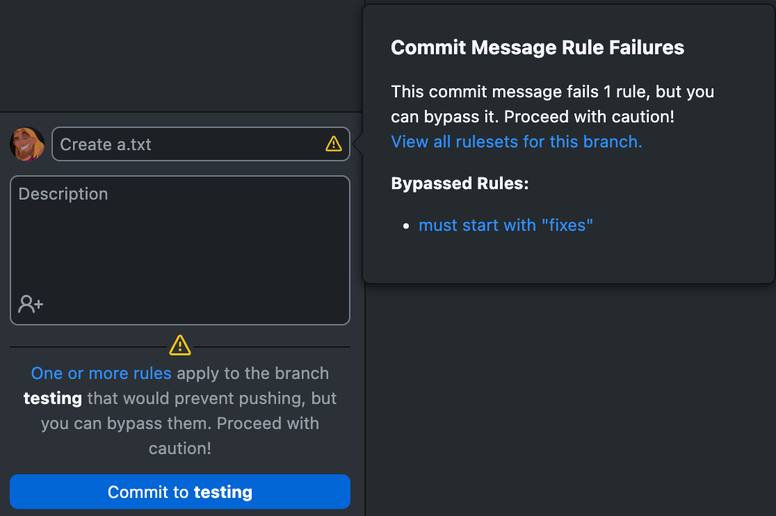 GitHub Desktop’s commit message area, showing bypass warnings for a commit message rule and another rule