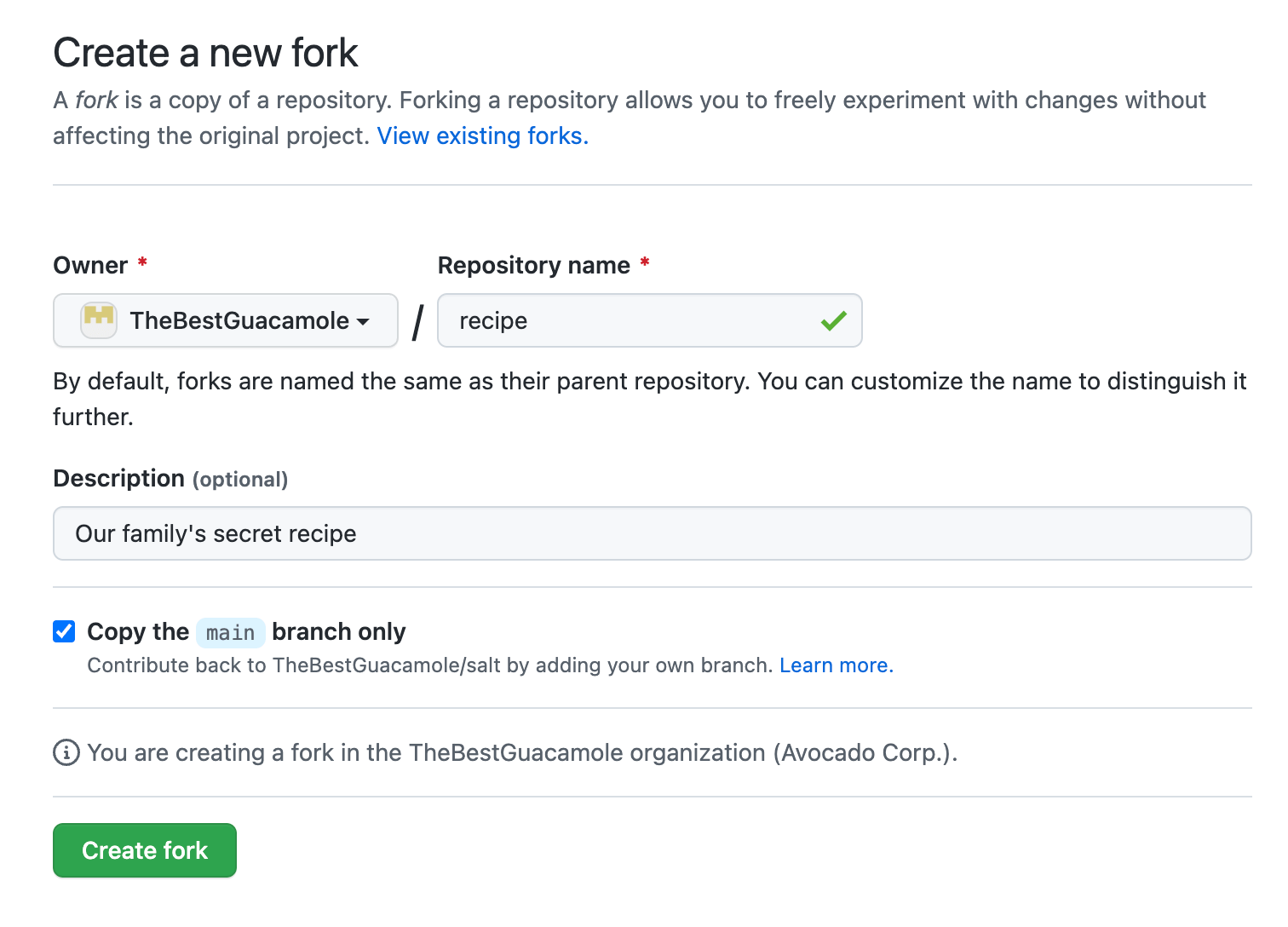 New fork page with ability to copy only the default branch