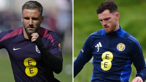Luke Shaw and Andy Robertson in training for England and Scotland respectively before Euro 2024 kick-off
