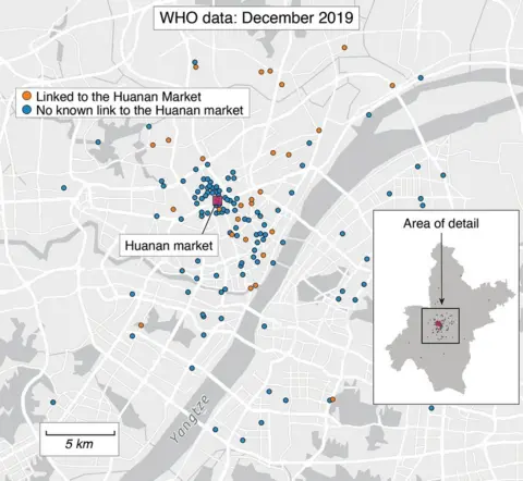 Science A map showing how early Covid-19 cases clustered around the Huanan market