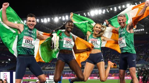 Ireland's 4x400m mixed relay team celebrate winning in Rome