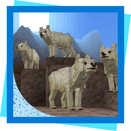 Graphic image of animals standing in an elevated area with mountains on the background with light and dark blue frames around it