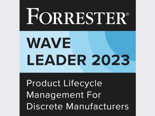 Forrester wave leader 2023 PLM for discrete manufacturers award banner.