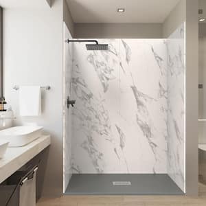 60 in. L x 32 in. Wx84 in. H Alcove Solid Composite Stone Shower Kit w/ Carrara Walls and Cntr Graphite Slate Shower Pan
