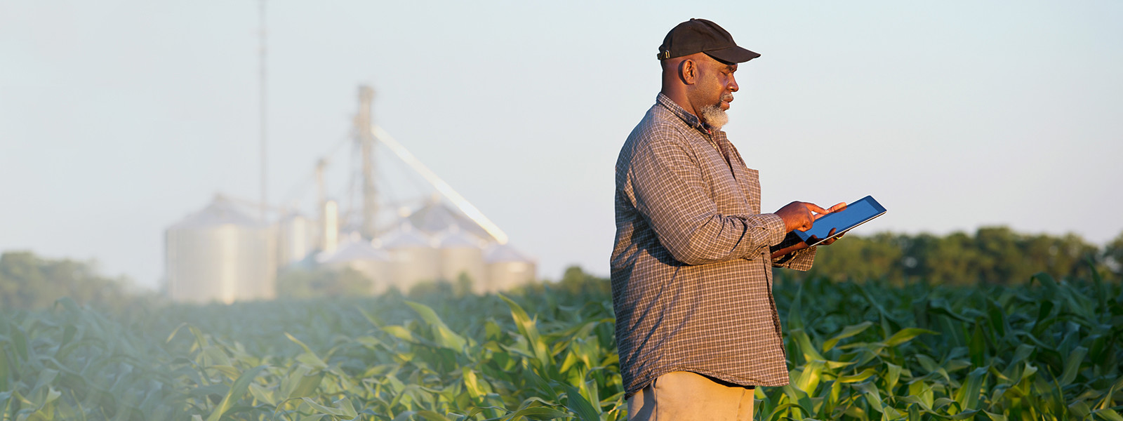 Farmer holding a digital tablet in a crop field.