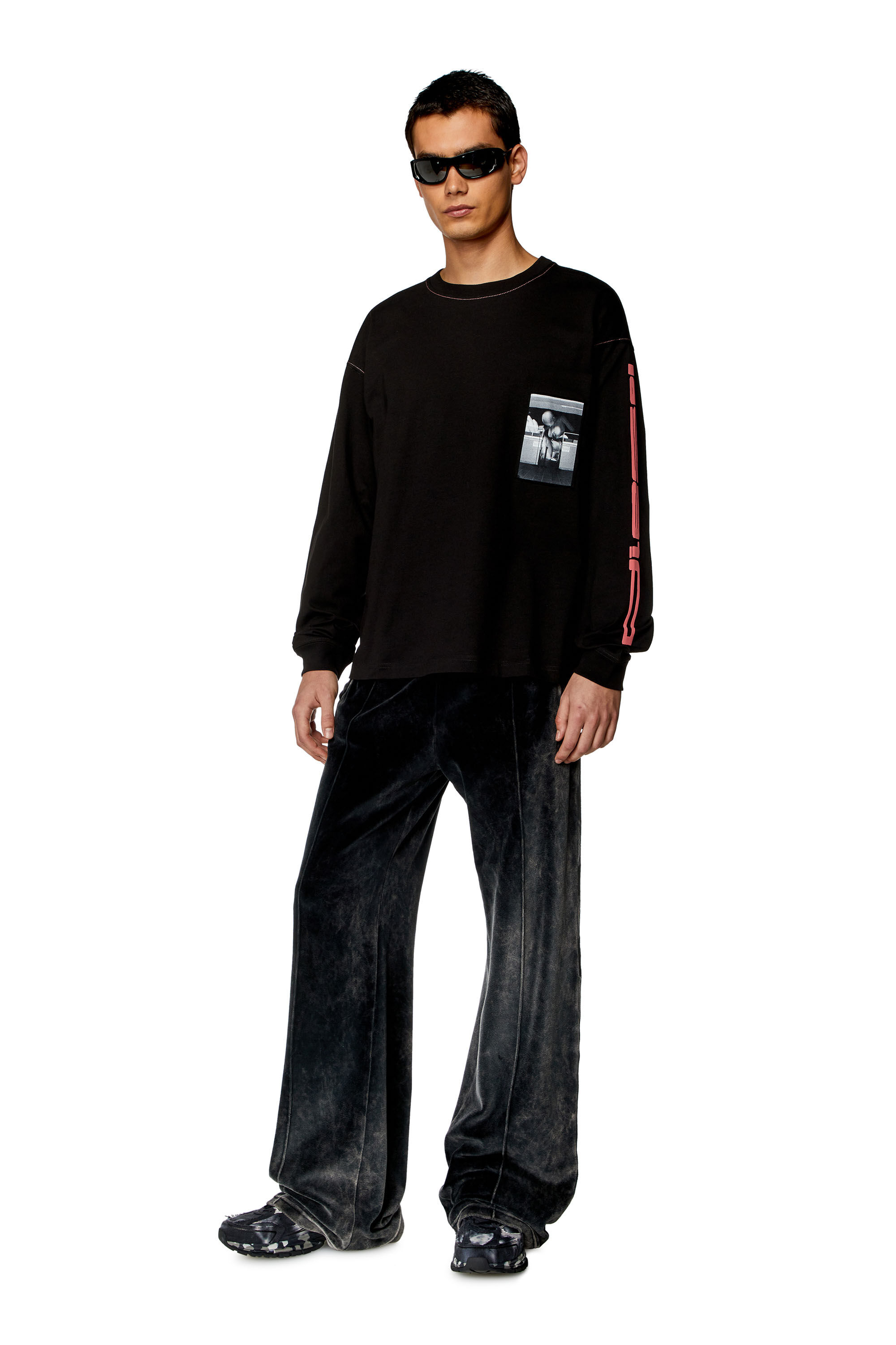 Diesel - T-BOXT-LS-N, Uomo T-shirt a maniche lunghe con patch sfrangiati in Nero - Image 1