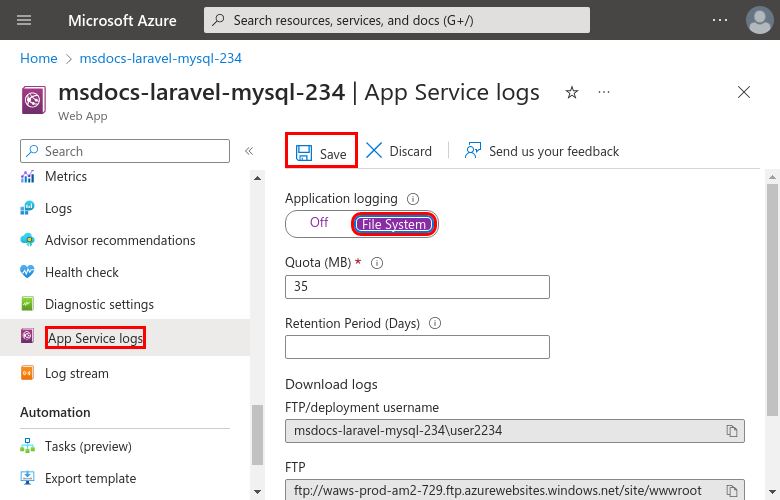 A screenshot showing how to enable native logs in App Service in the Azure portal.