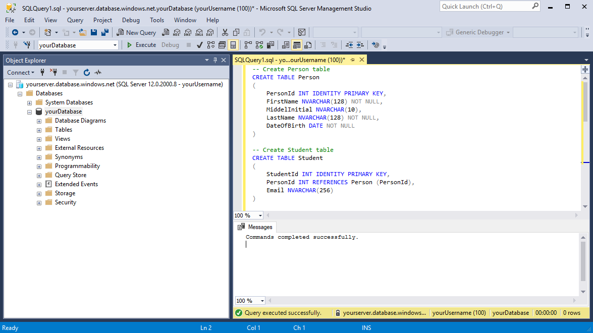 Screenshot from SSMS showing the create tables script has been successfully executed.