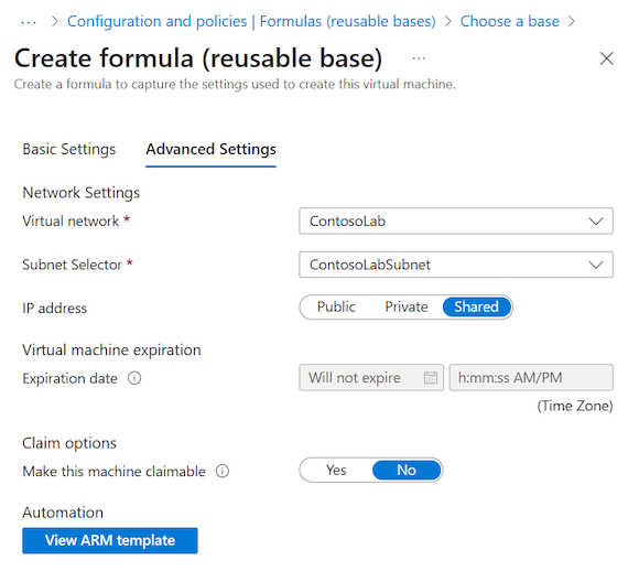 Screenshot that shows the Advanced Settings for the "Create formula (reusable base)" page.