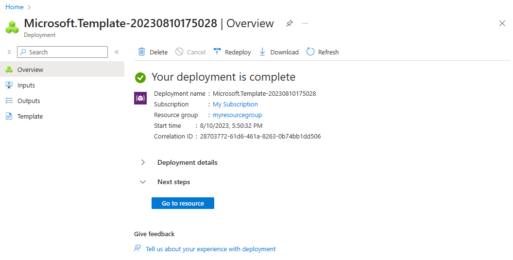 Screenshot of the Azure portal that shows the Overview page with the custom deployment notifications pane open.