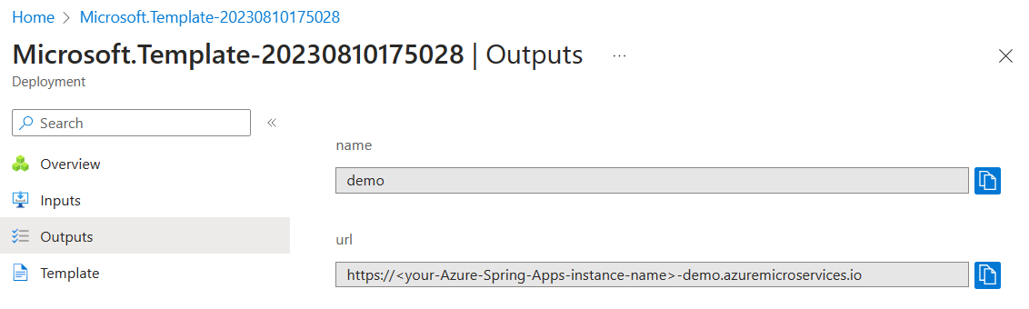 Screenshot of the Azure portal that shows the Outputs page of the Deployment.