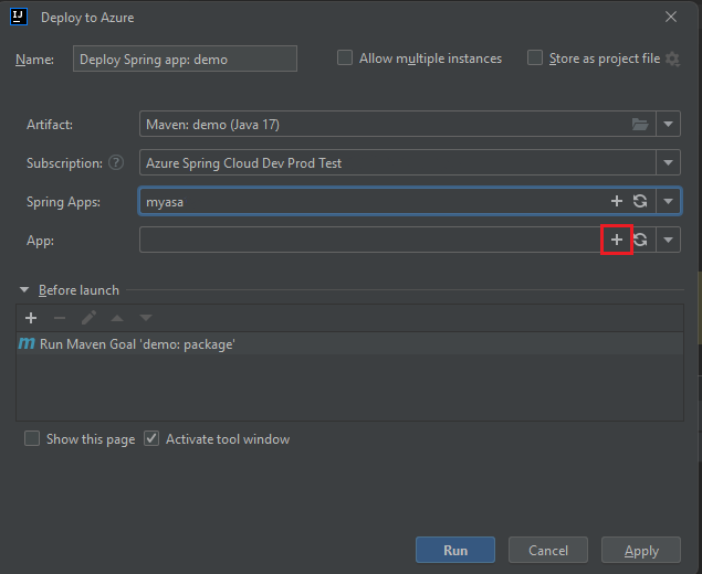 Screenshot of the IntelliJ IDEA that shows the Deploy Azure Spring Apps dialog box.