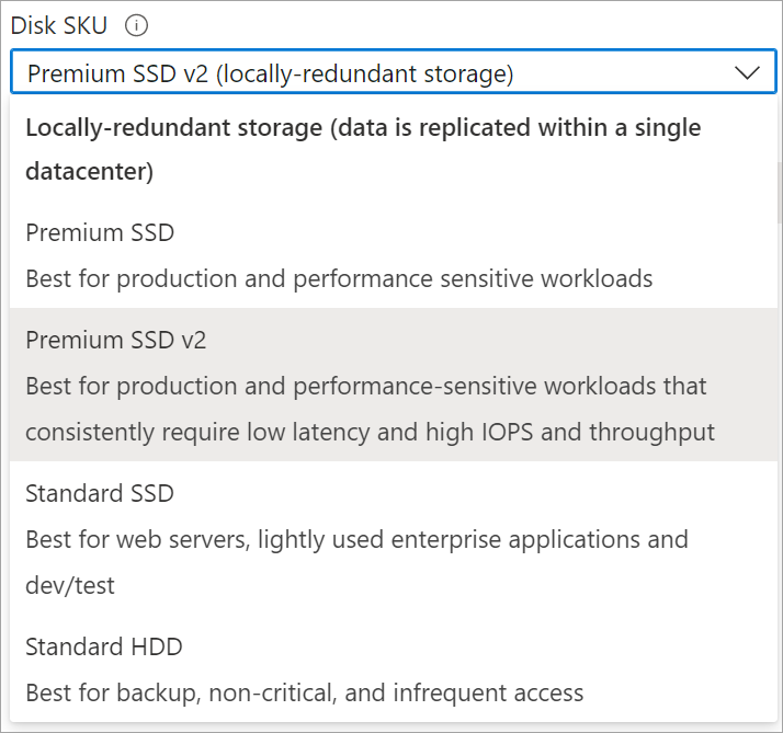 Screenshot selecting Premium SSD v2 SKU.