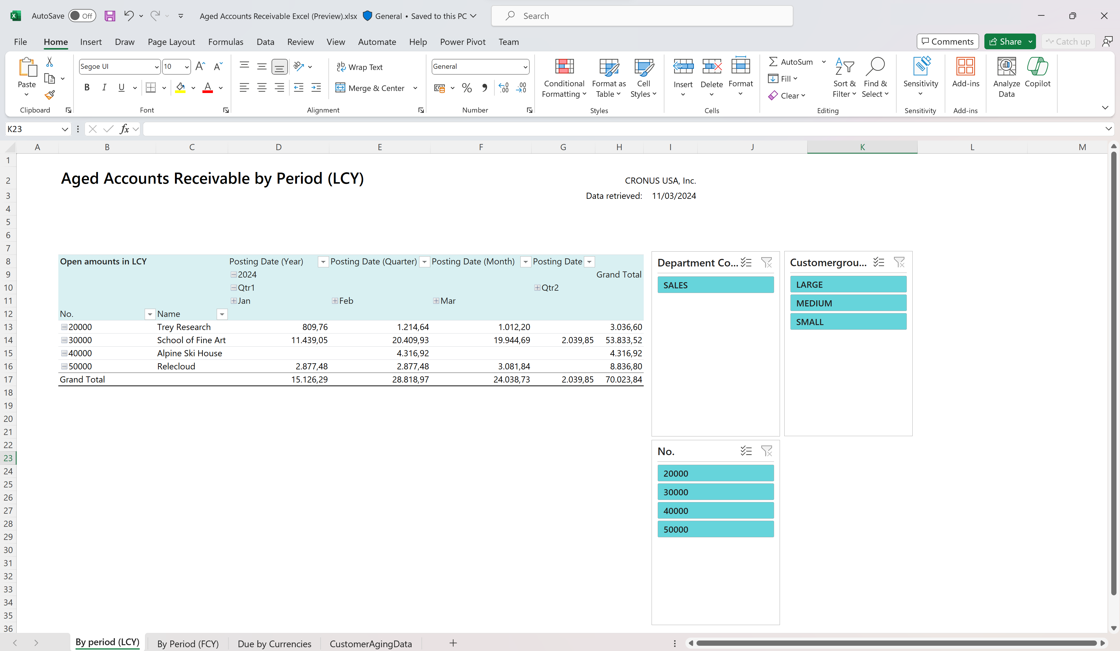 Example of the interactive aged accounts receivables report in Excel.