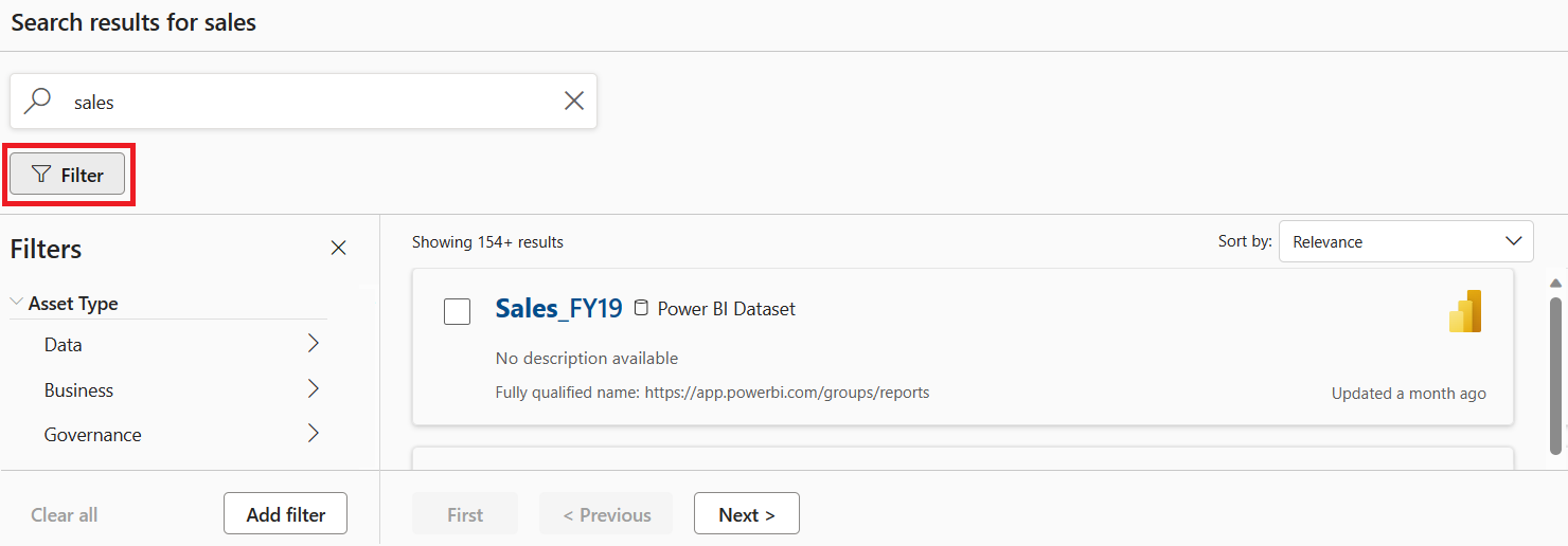 Screenshot showing a search return for Sales with the filter button highlighted.