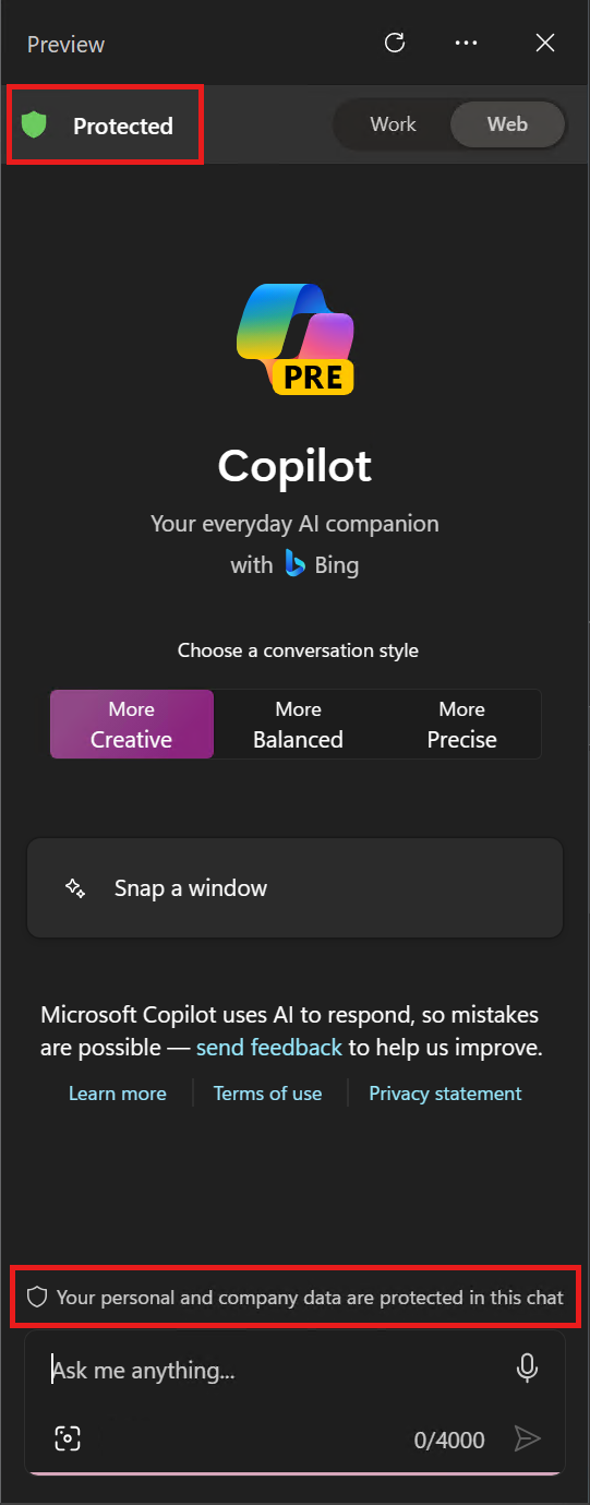 Screenshot of the Copilot in Windows user experience when Copilot with commercial data protection is the chat provider.