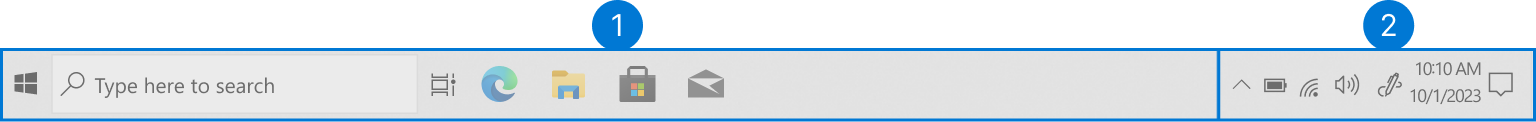 Screenshot of the Windows 11 taskbar with the two areas highlighted.