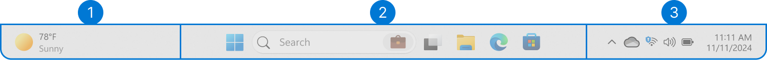 Screenshot of the Windows 11 taskbar with the three areas highlighted.
