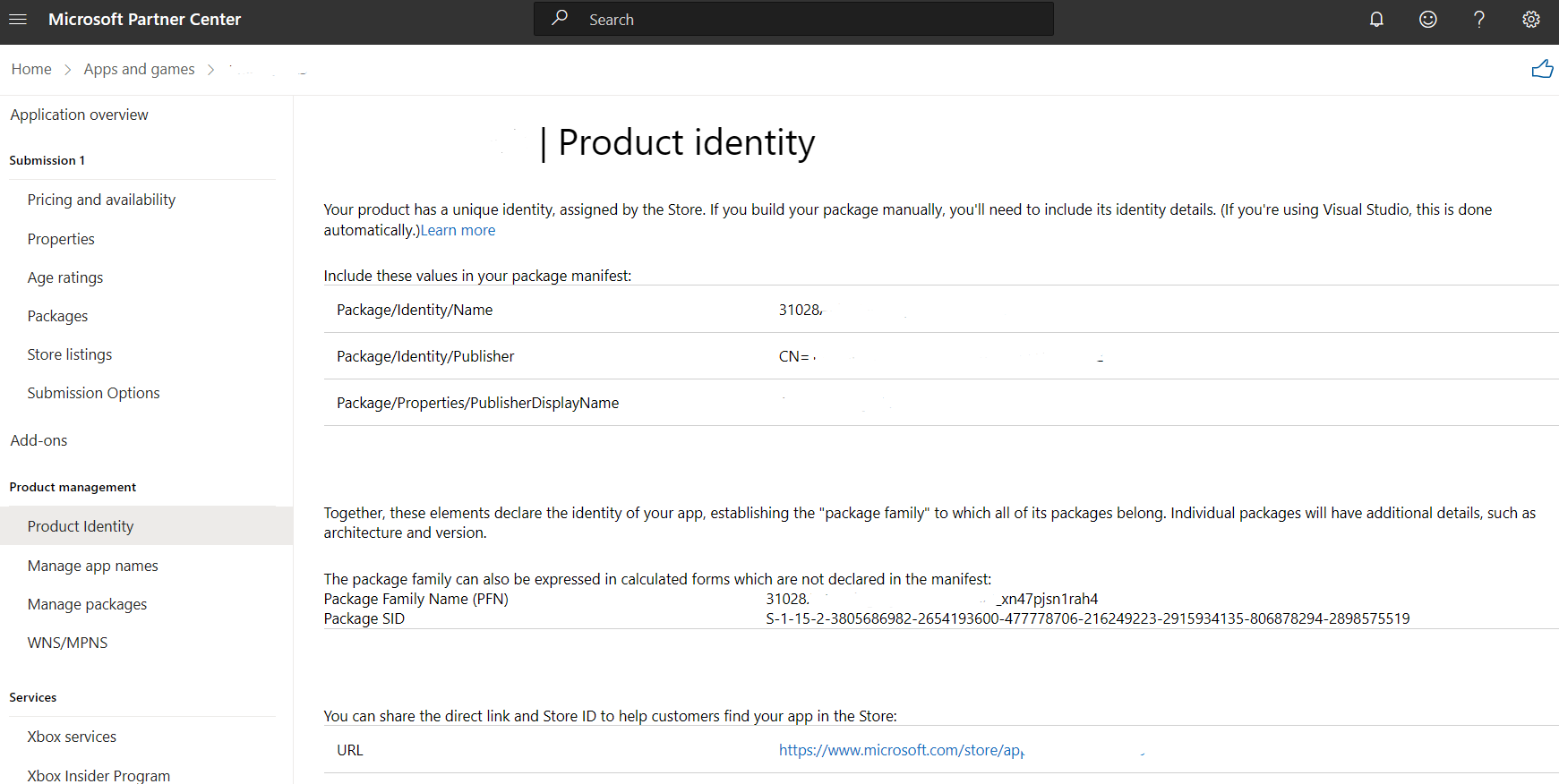 A screenshot showing the product identity section for MSIX/PWA app.