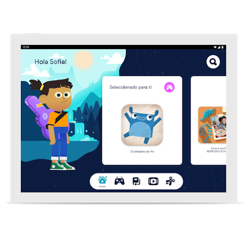 Una pantalla muestra Google Kids Space con la caricatura de una niña y una app cuya imagen es un monstruo saltarín.