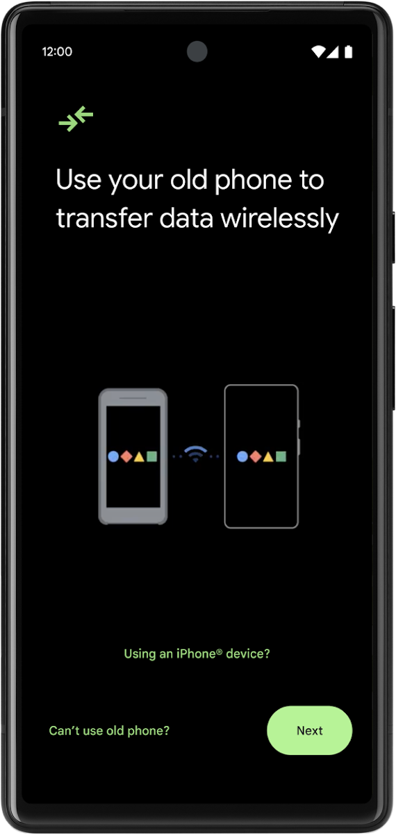 Android 12 の新機能「スイッチ」機能が表示されているスマートフォン。ディスプレイには「以前のスマートフォンを使用してワイヤレスでデータを転送」と表示されています。