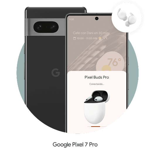 Un par de auriculares inalámbricos en un círculo flota sobre la esquina superior derecha de un teléfono Pixel 7 Pro. El teléfono se está conectando con unos auriculares Android.