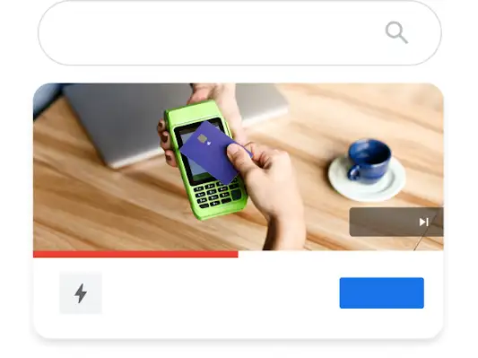 Illustrazione di un telefono che mostra una query di ricerca su YouTube per le migliori banche online che fa emergere un annuncio video di una banca.