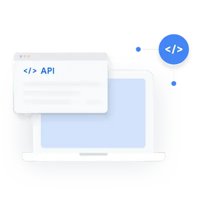Ilustrācija ar klēpjdatoru, kuram apkārt redzamas API koda ikonas.